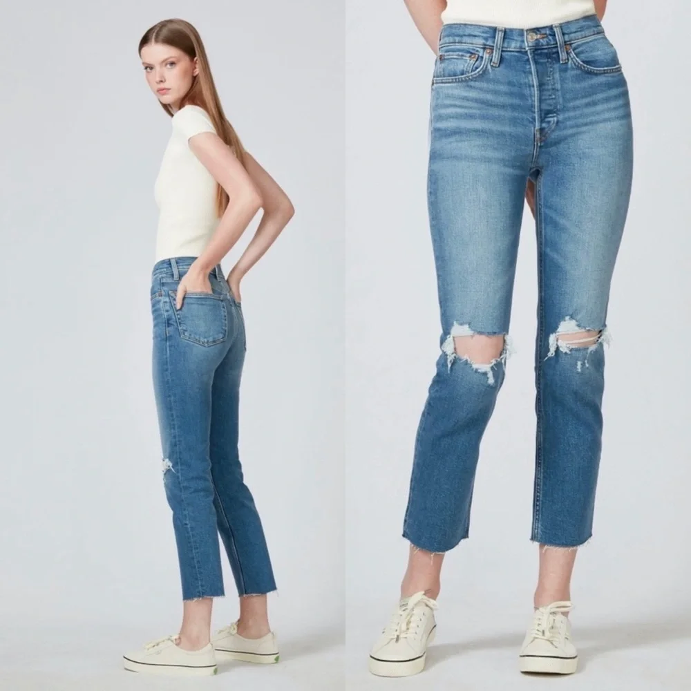 RE/DONE 70s Stove Pipe‎ High Rise Jeans in Dusk Destroy